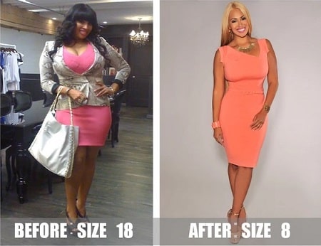 A picture of Somaya Reece before (left) and after (right) shocking weight loss.